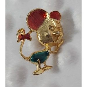 Vintage Christmas Mouse Brooch Pin Gold Red Bow Tail & Ears Green Body Smiling
